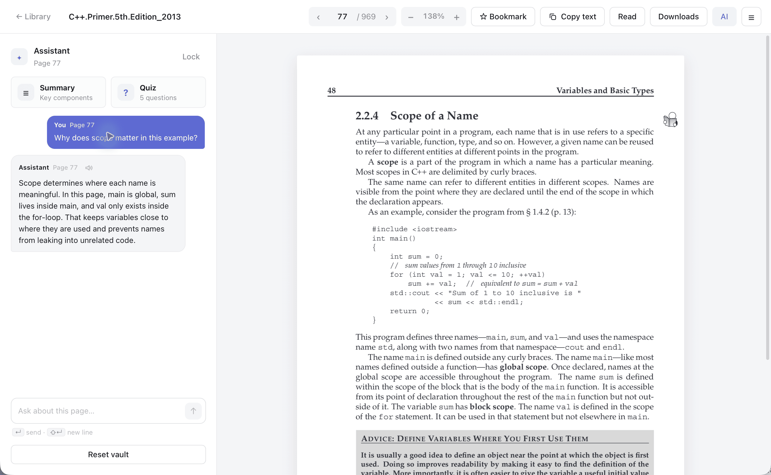 Quincy AI chat answering a question beside a PDF page