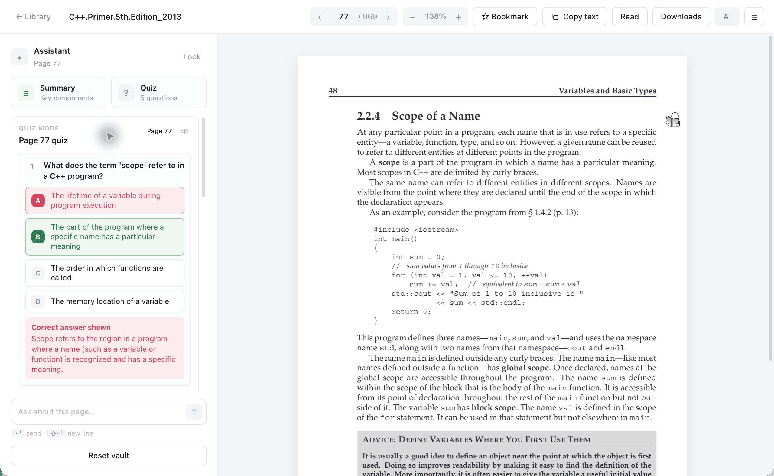 Quincy quiz mode with answer choices and explanation