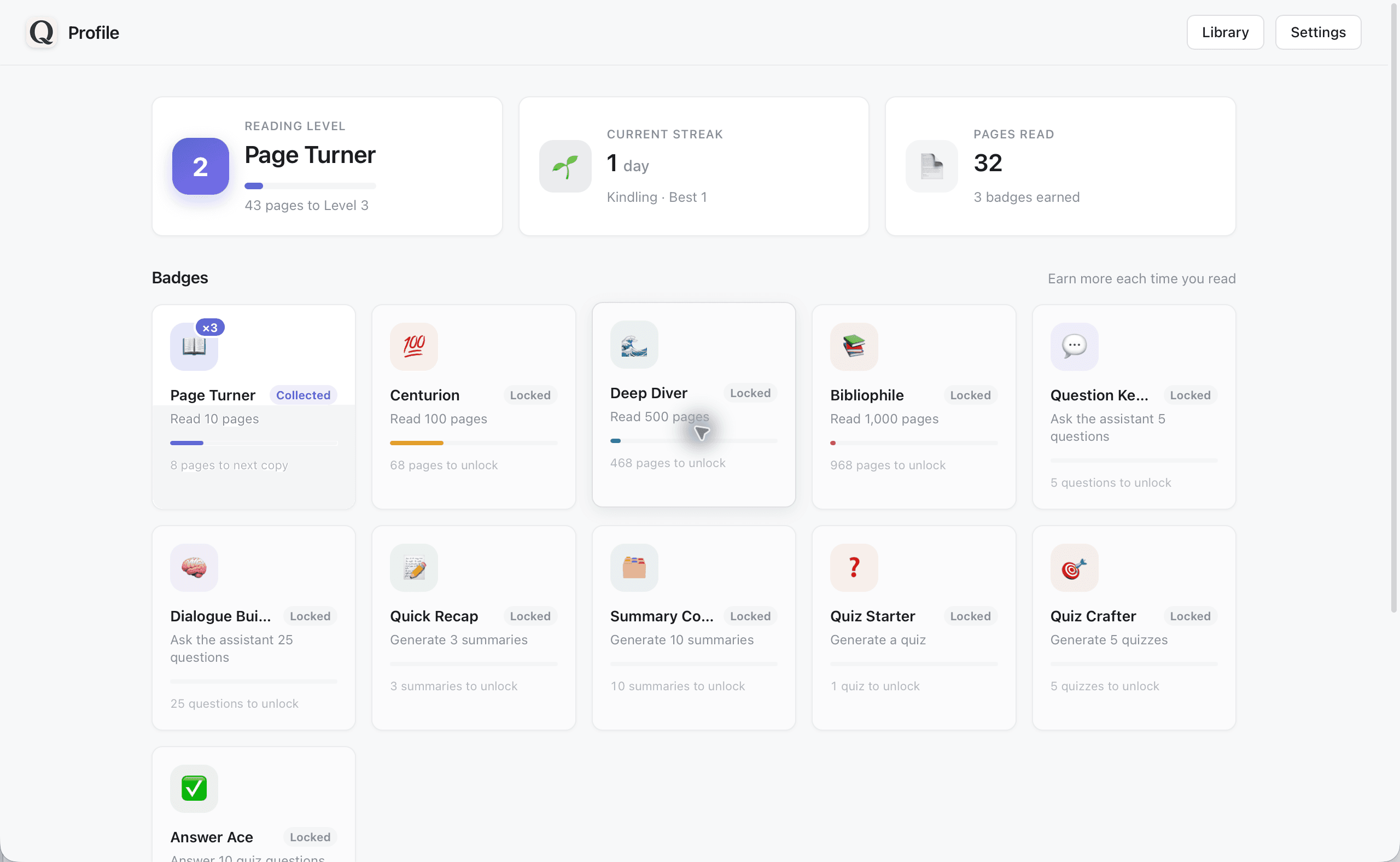 Quincy profile showing reading level and stacked page badges